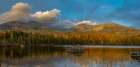 USA, Maine. Panoramic of Mount Katahdin and fall foliage with reflection in pond, Baxter State Park Art Print
